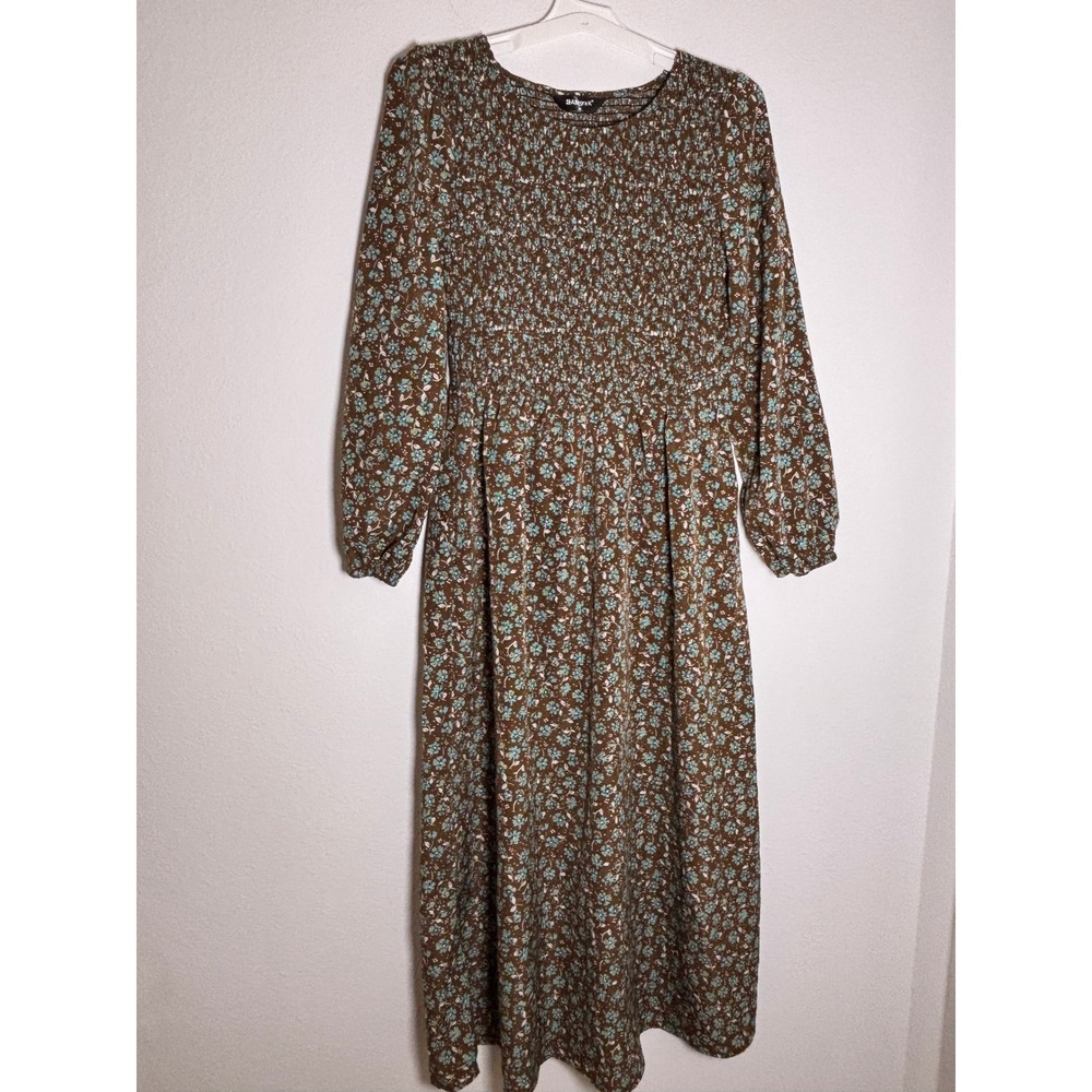 Allegra K Brown Floral Smocked Midi Dress Long Sleeve Cottagecore Womens Medium